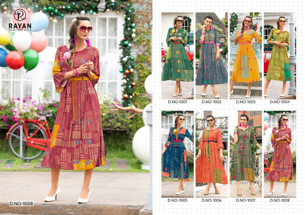 GLORY BY RAYAN 1001 TO 1008 SERIES BEAUTIFUL STYLISH COLORFUL FANCY PARTY WEAR & ETHNIC WEAR & READY TO WEAR RAYON PRINTED KURTIS AT WHOLESALE PRICE